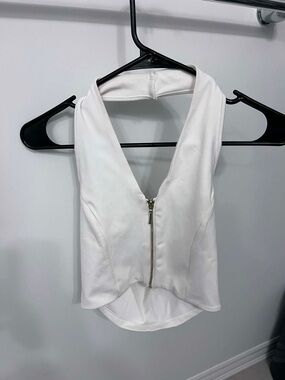 White Zip-Front Halter Crop Top